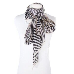 Gianfranco Ferre Unisex Large Black White Chevron Floral Silk Scarf 174 x 35 cm